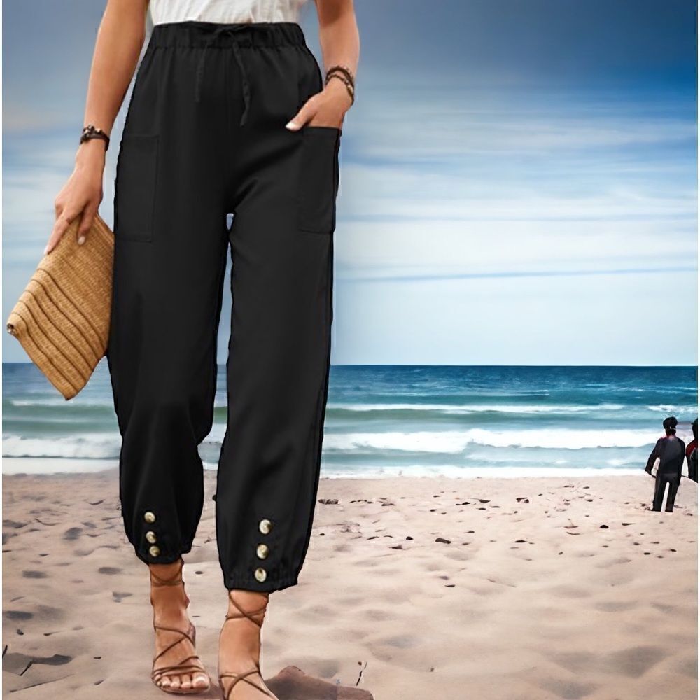 Black Pocket-Tie Waist, button accent lightweight cotton blend pants size L nwt - Picture 11 of 13